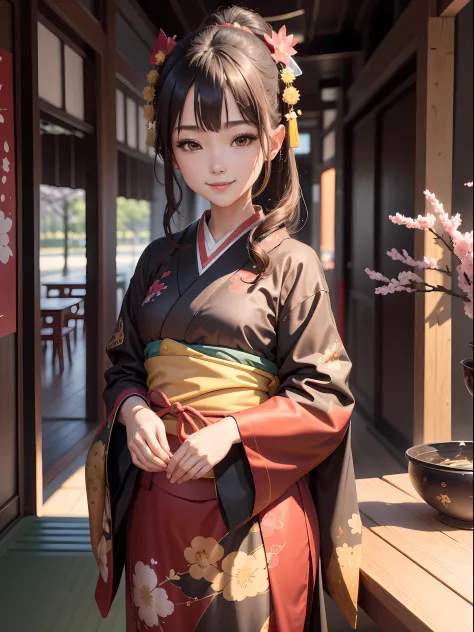 1girll, quadratic element, oil painted, 独奏, Asian girl, full bodyesbian, dual horsetail, Sweet smile, Red fluttering face, At the student festival in Tokyo, in a kimono, Take a fan, Scene of cherry blossoms flying, Dutch Golden Age painting, Verism, chroma...