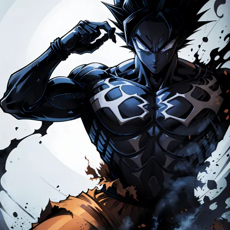 ((super saiyan son goku with the venom symbiote)), solo character, dragonball style,  spray, high quality detailed art,