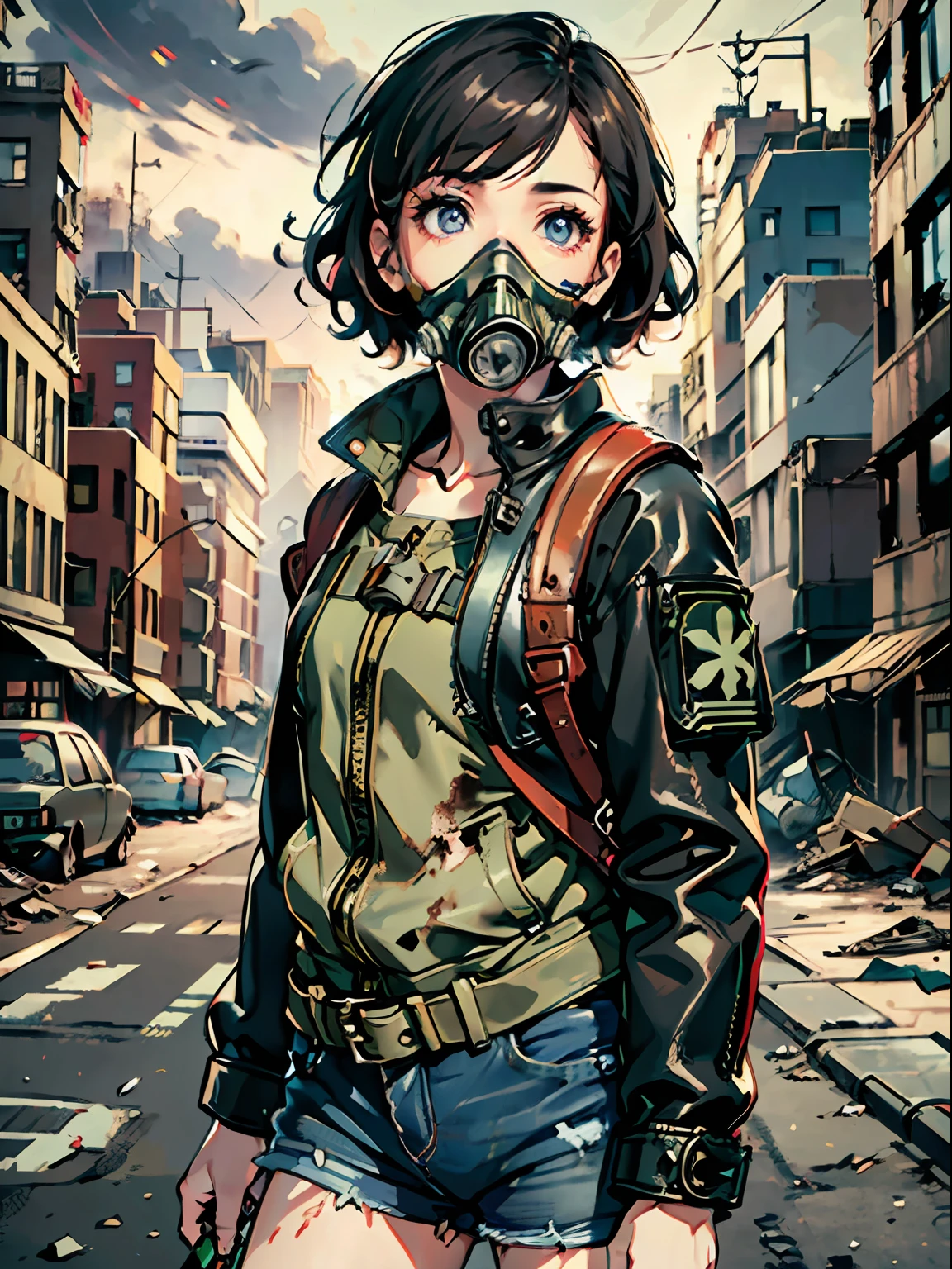 1girl, (solo:1.2), [slim], (small chest), pale skin, ((detailed eyes)), (bokeh effect), (dynamic angle), dynamic pose, (deserted city:1.3), short curly hair, leather jacket, ripped jeans, high boots, (backpack), knife holder, (gas mask:1.2), (ruined buildings), (dark and cloudy sky), dirty hair, (wasteland:1.3), dirty hair, radio, ((masterpiece))