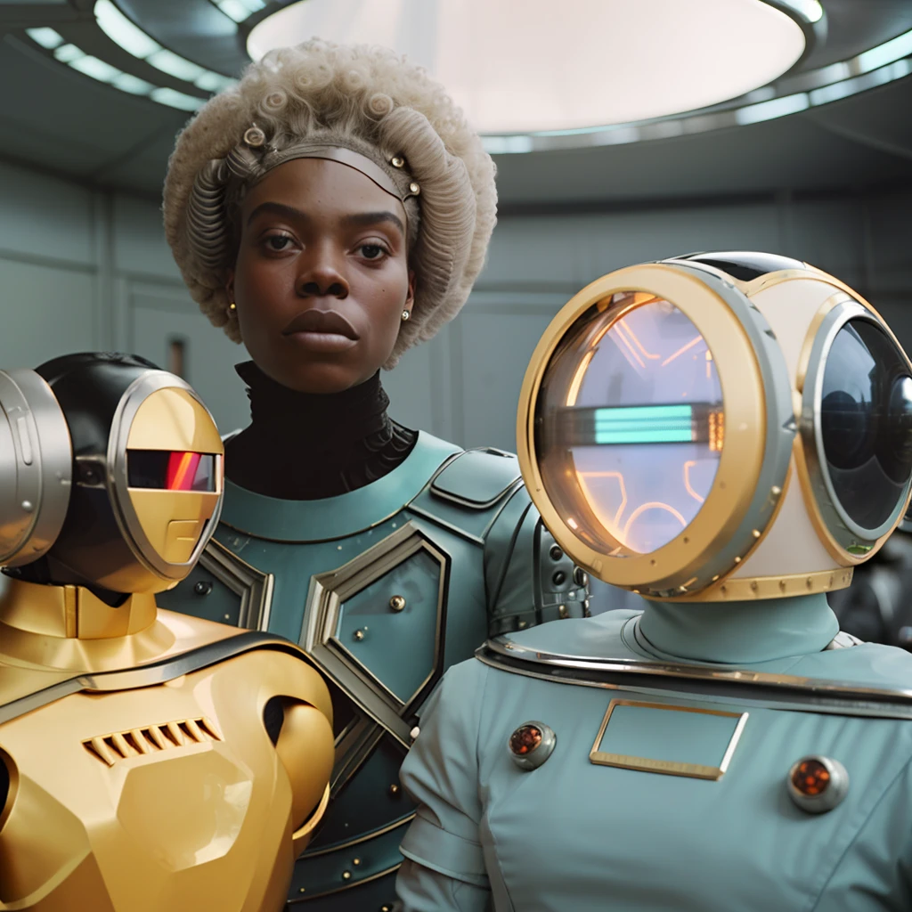 there are two robots that are standing next to each other, Estilo Afrofuturista, Elle Fanning como um androide, Afrofuturismo, Futurismo Afro, as a retro futuristic heroine, 7 0's vintage sci - estilo fi, androide feminina africana, retro futuristic style, Afrofuturista, as a retrofuturistic heroine, afro - estilo futurista, Afrofuturista, Afro Futurista