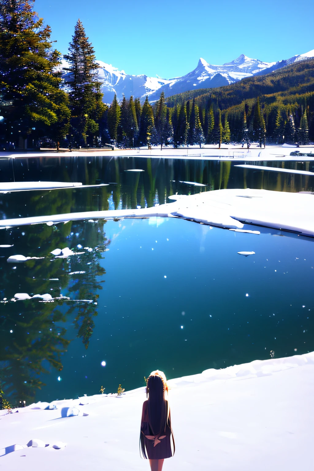 (masterpiece), (best quality:1.4), absurdres, [:intricate details:0.2], 1girl, tree, snow, solo, outdoors, water, mountain, large breasts, bikini, long hair, scenery, winter, lake, (looking at viewer:1.2), day, sky, reflection --auto