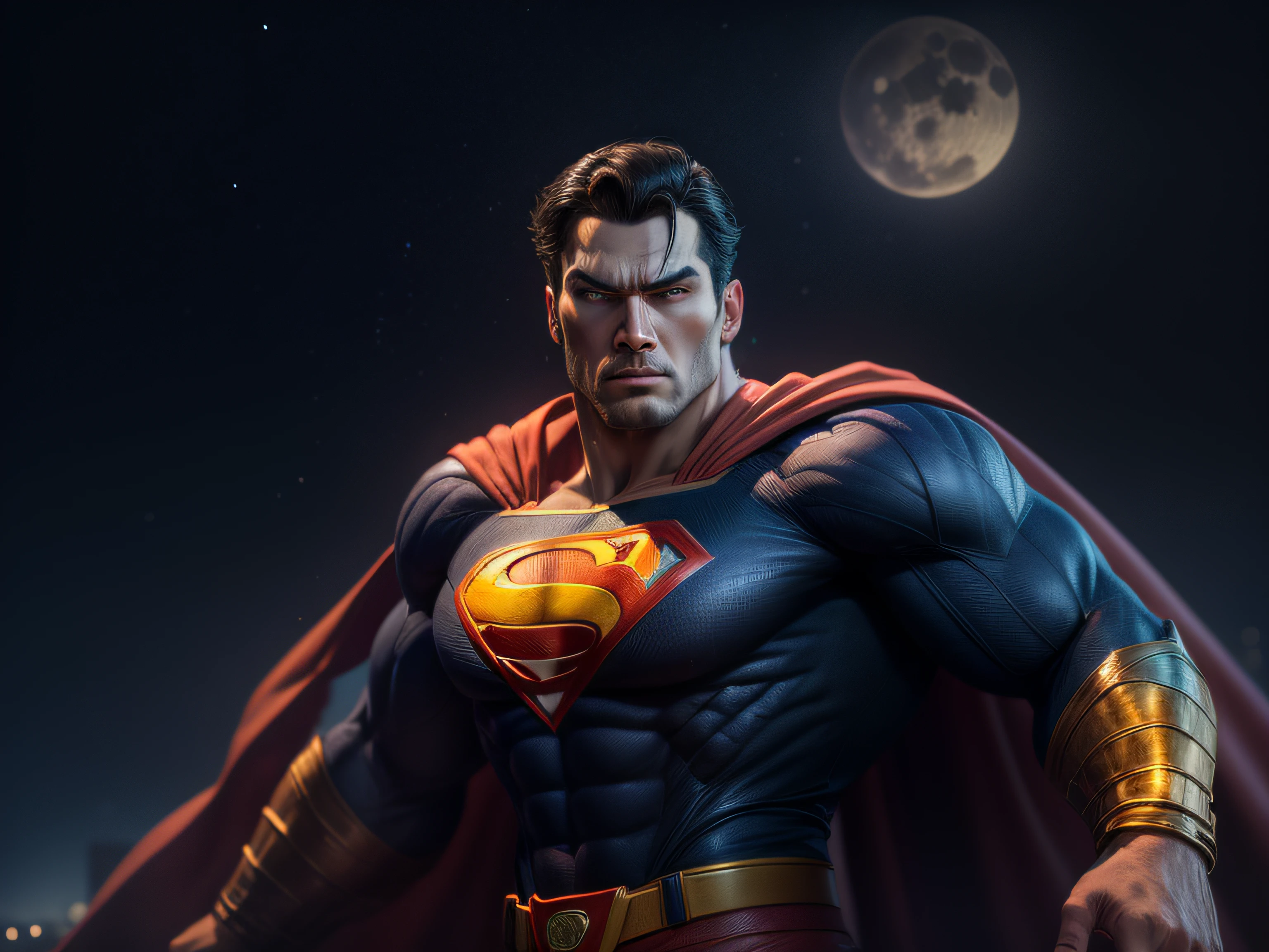 Beenden Sie eine mächtige Bedrohung, Das imposante Erscheinungsbild des mächtigen Superman in orangefarbener Uniform, bedrohlicher Blick, reichhaltig detailliert, Hyperrealistisch, 3D-Rendering, erstes Werk, NVIDIA, RTX, Raytracing, Bokeh, Nachthimmel mit einem riesigen und wunderschönen Vollmond, leuchtende Sterne, 8k,