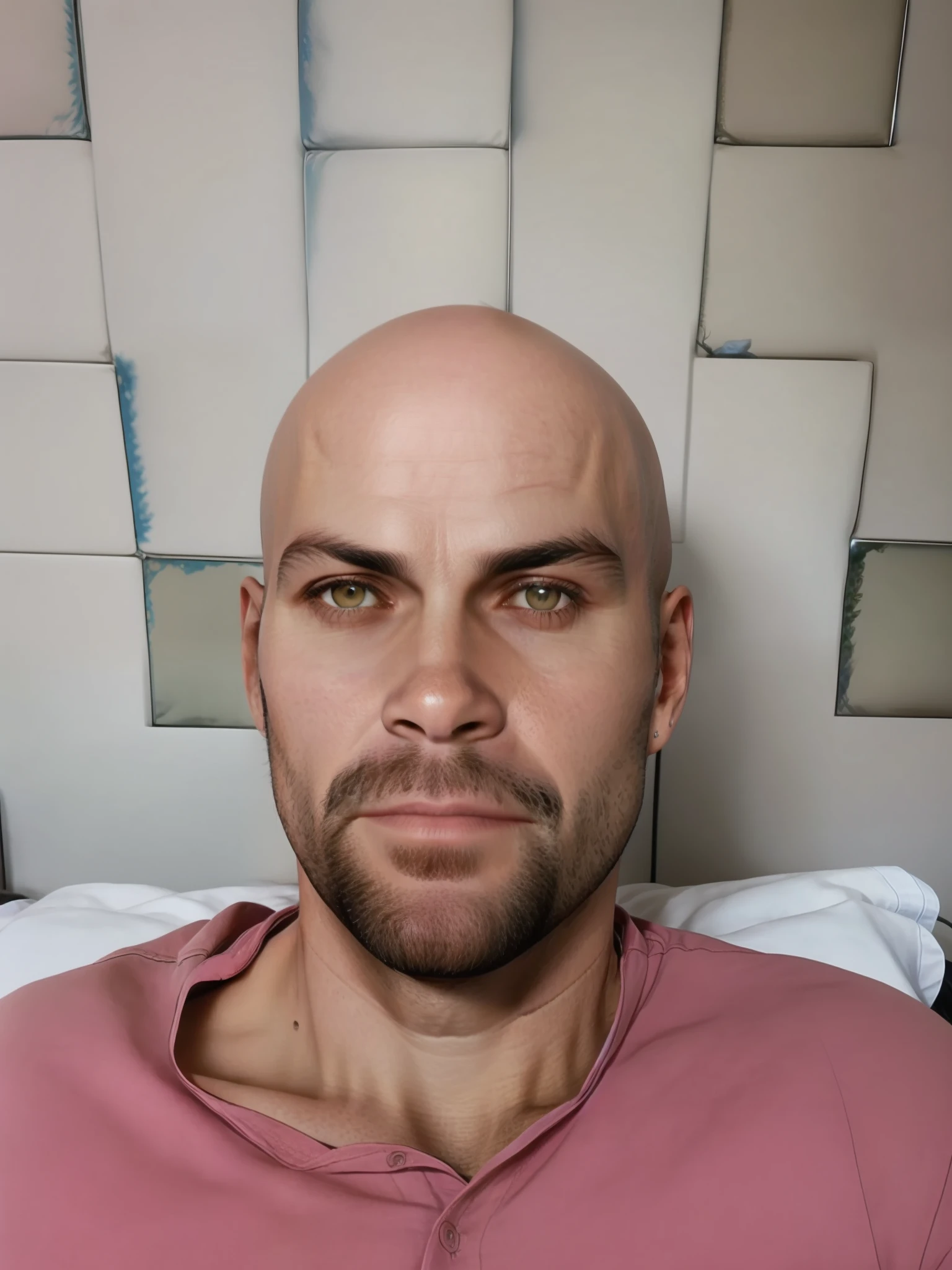 Homem com barba e camisa rosa deitado na cama, (38 anos), Homem de 4 0 anos, 38 anos, Homens de 45 anos, careca com barba curta, 3 6 anos, sem cabelo, completamente careca;, Homem de 5 0 anos, cerca de 3 5 anos, 4 5 I, 3 2 anos