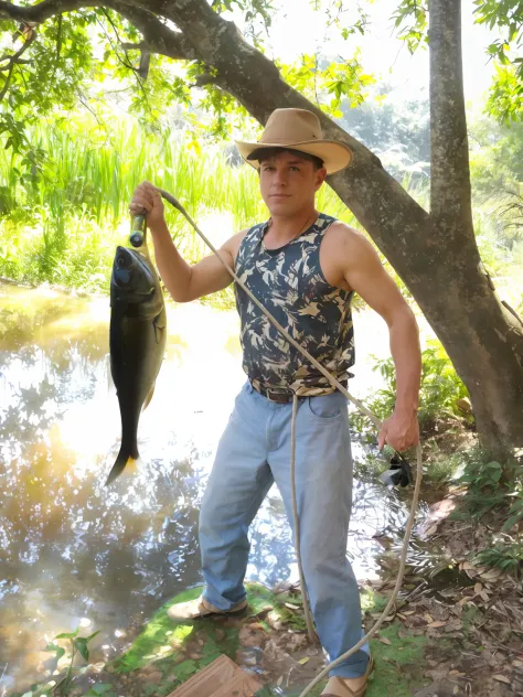 there is a man holding a fish on a rope in the water, big bass fishing, full body length shot, holding an fish in his hand, profile shot, fishing, bayou, close full body shot, wesley kimler, french man from louisiana, full pose, promo shot, aubrey powell, ...