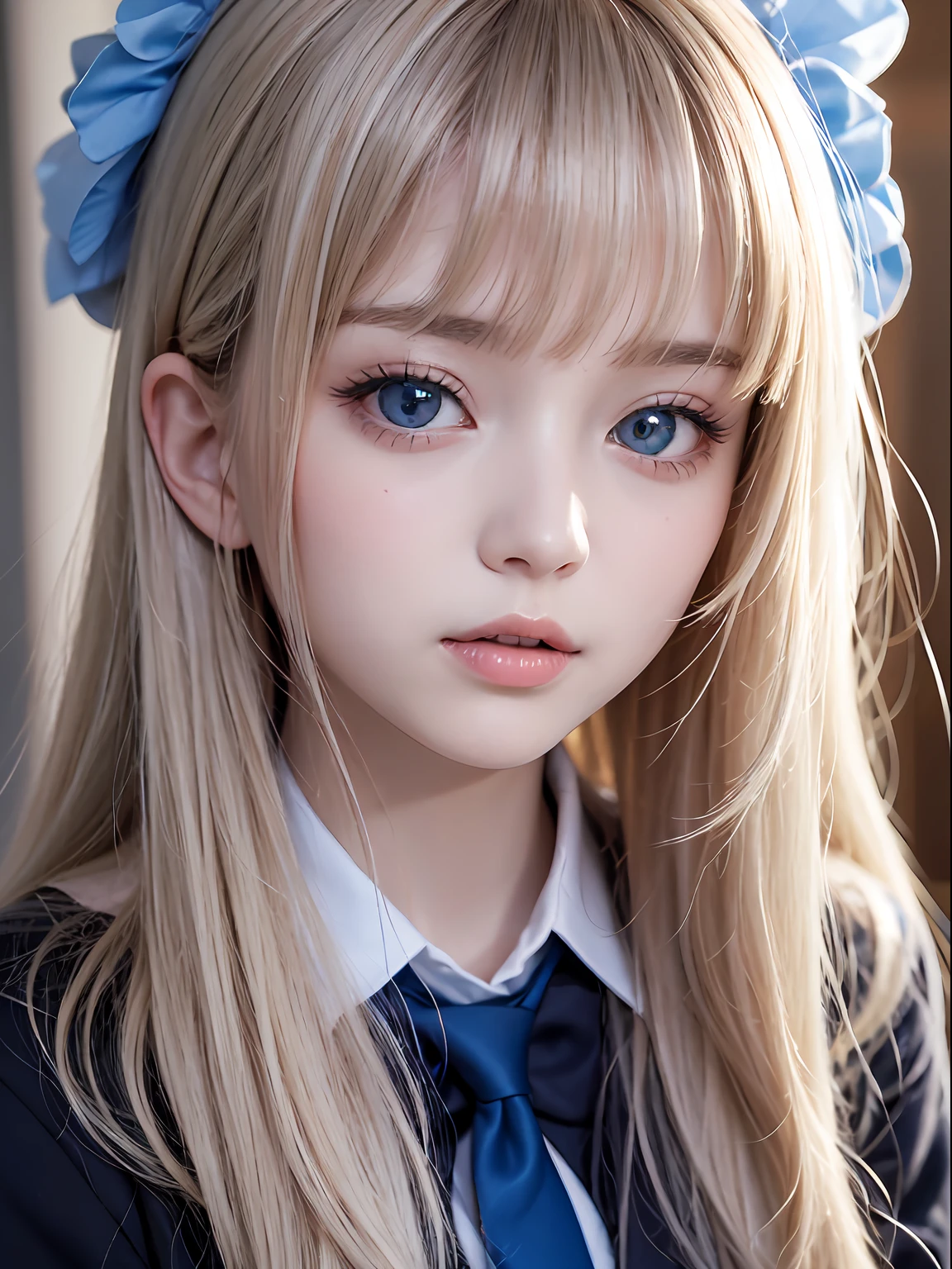 portlate、School Uniforms、Blue sky、Bright and very beautiful face、Young shiny shiny white shiny skin、Best Looks、Platinum blonde hair with dazzling highlights、Super long silky straight hair、Beautiful bangs that shine、Glowing crystal clear big blue eyes、Very beautiful lovely cute 14 year old girl、
