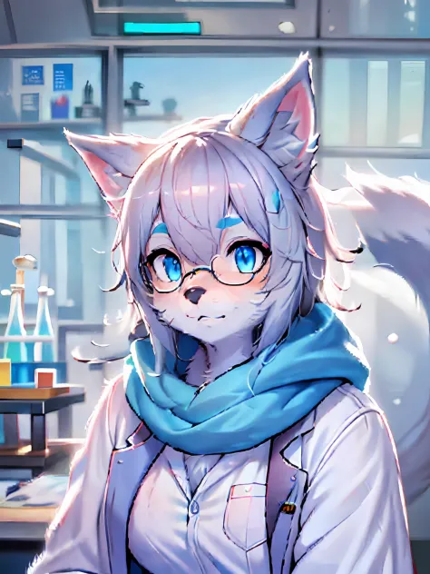 Anime character with arctic fox ears wearing lab coat and blue scarf,arctic fox，Fluffy blue fur and blue tail,Wear half-rimmed g...