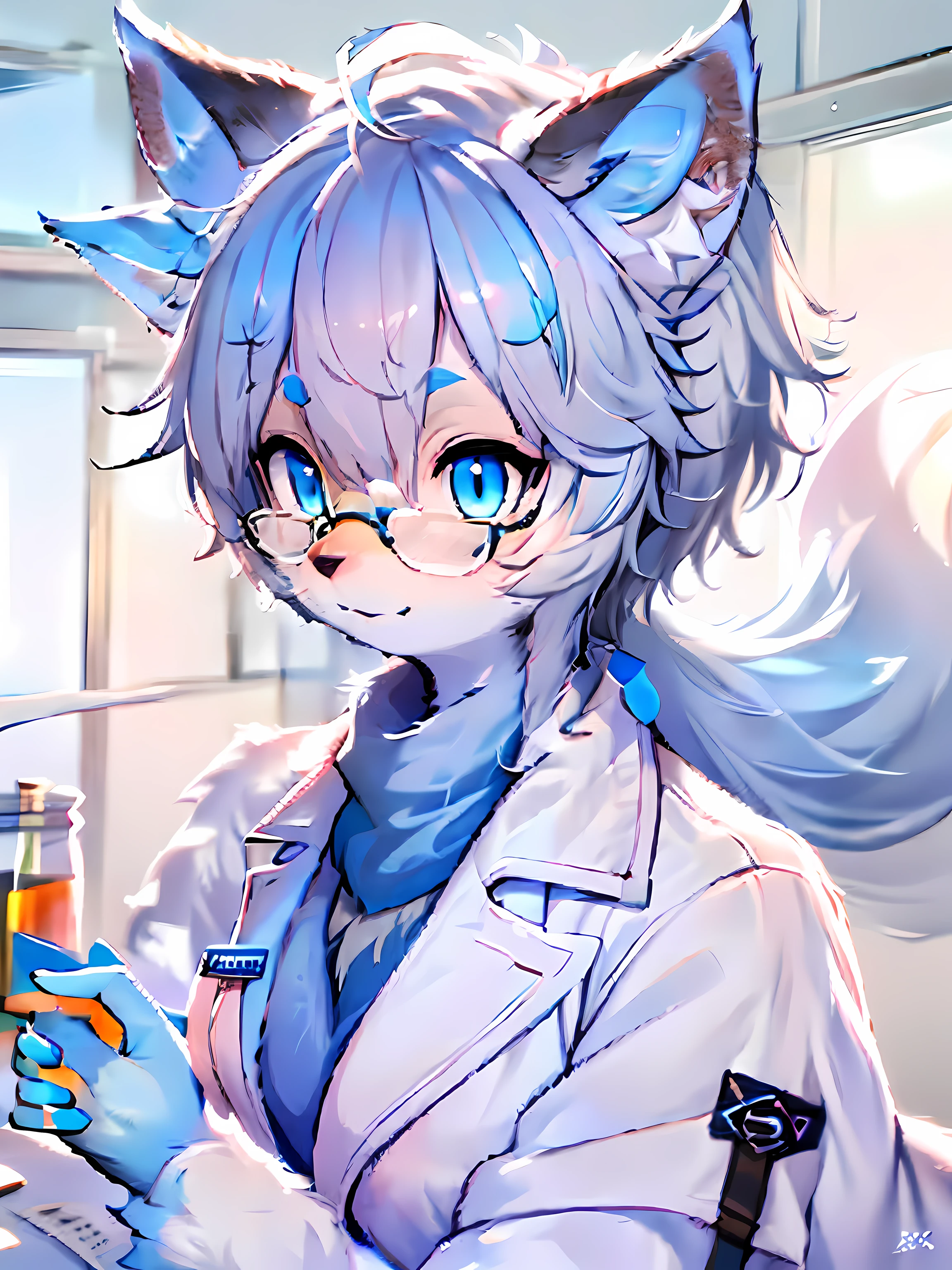 Anime character with 白狐 ears wearing lab coat and blue scarf,白狐，蓬松的蓝色皮毛和蓝色尾巴,戴半框眼镜,穿着白大褂的北极狐美女,  狐狸科学家，实验室内部, 专业毛茸茸绘画