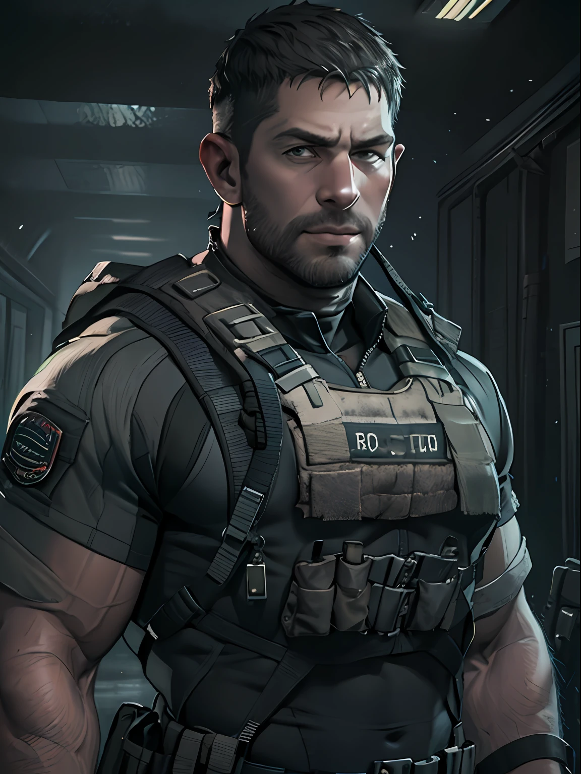 1 man, solo, 35 year old, Chris Redfield, wearing grey T shirt, smirks, black color on the shoulder and a bsaa logo on the shoulder, millitary tactical suit, tall and hunk, biceps, abs, chest, best quality, masterpiece, high resolution:1.2, upper body shot, dark black gloomy hallway in the background, detailed face, volumetric lighting, center focus, low camera angle