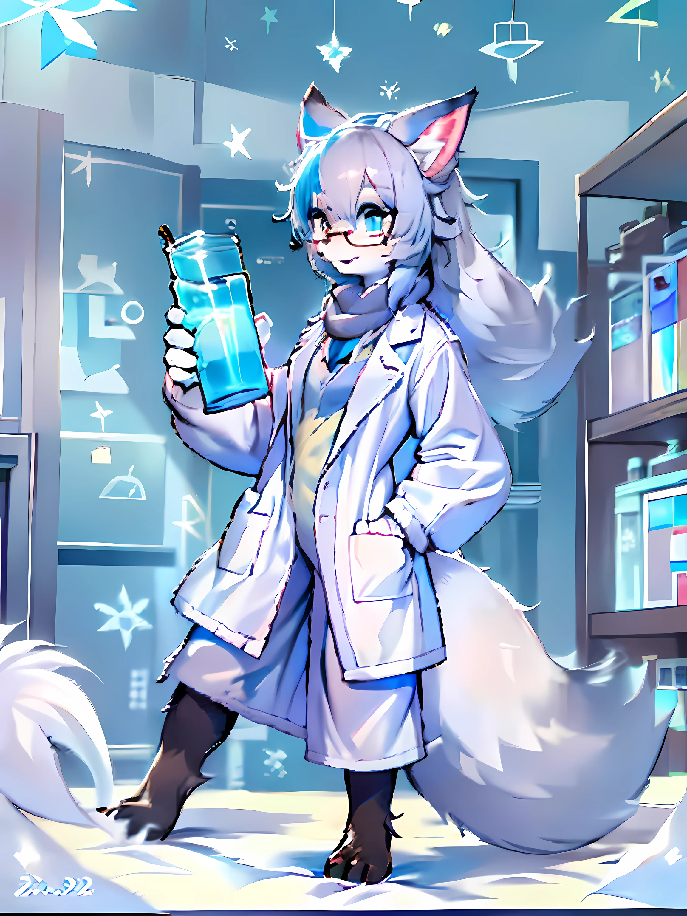 Anime character with 북극 여우 ears wearing lab coat and blue scarf,북극 여우，푹신한 파란색 모피와 파란색 꼬리,반테 안경을 착용하세요,실험복을 입은 북극 여우의 아름다움,  여우 과학자，실험실 내부, 전문적인 모피 드로잉