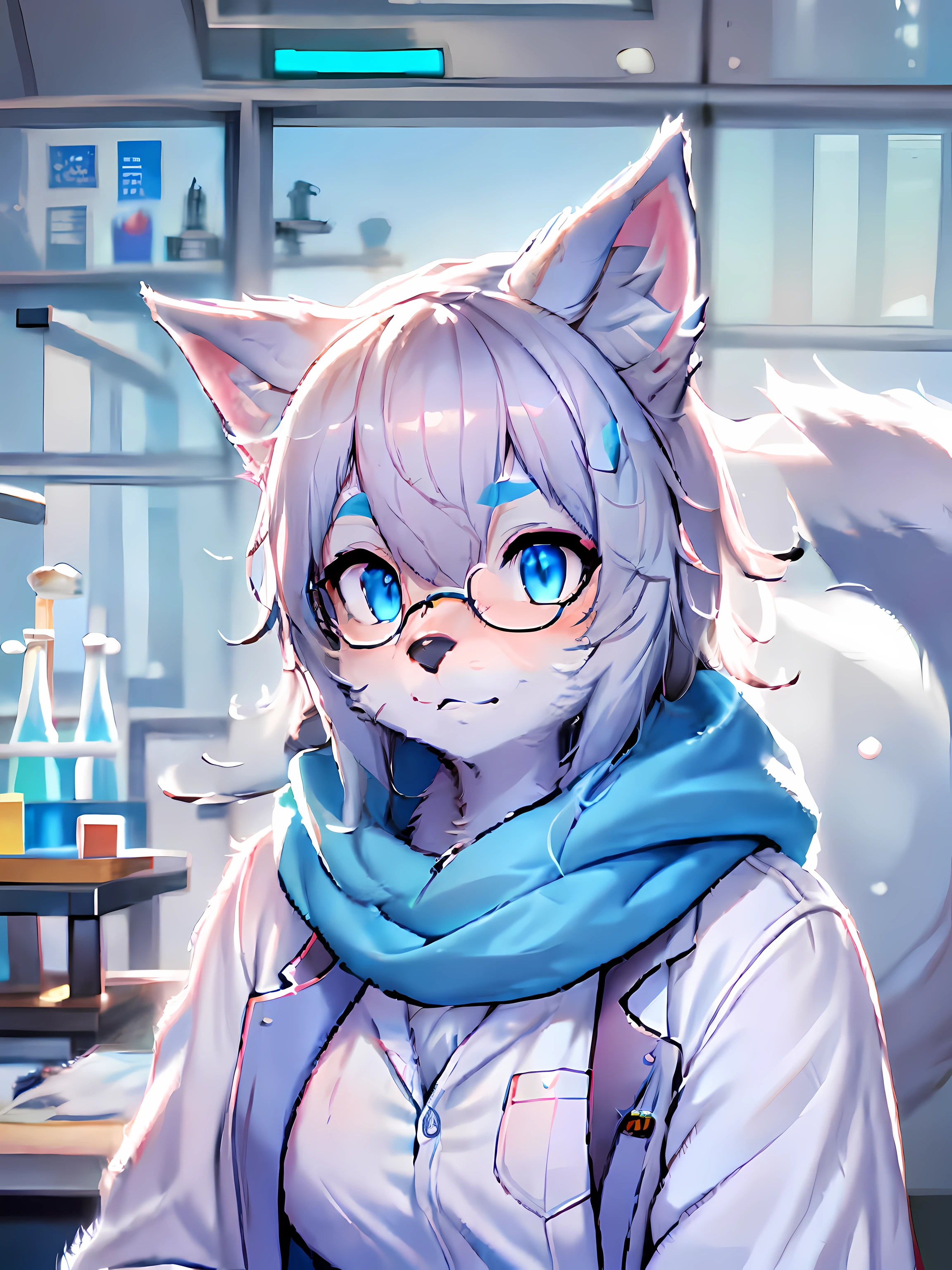 Anime character with 白狐 ears wearing lab coat and blue scarf,白狐，蓬鬆的藍色毛皮和藍色的尾巴,戴半框眼鏡,穿著白大褂的北極狐美女,  福斯科學家，實驗室內, 專業毛茸茸的繪圖