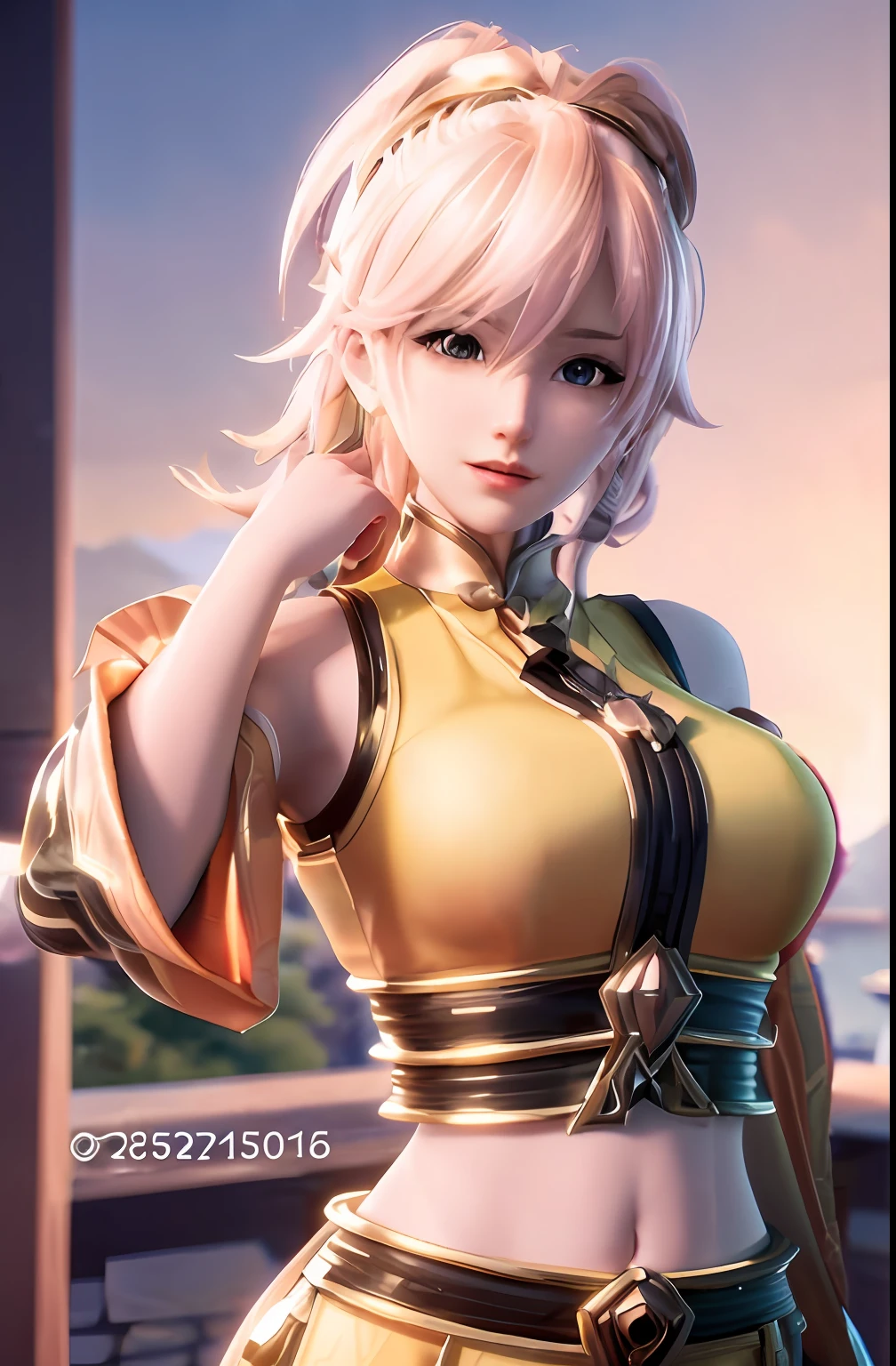 a woman in a yellow outfit posing for a picture, portrait knights of zodiac girl, (best quality, masterpiece), a beautiful woman with big breasts, (big breasts), knights of zodiac girl, 8k octae render photo, 8k artgerm bokeh, rin, zhongli from genshin impact, 8k high quality detailed art, faye valentine, ( highly detailed figure ), remove text or number