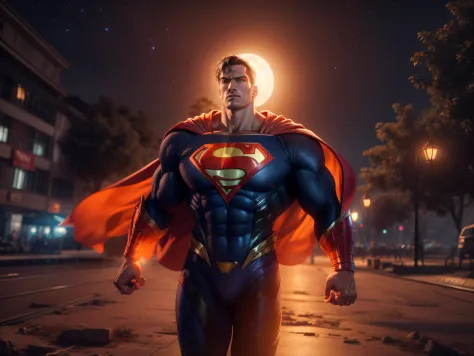 Close a powerful threat, The imposing appearance of the mighty Superman dressed in orange uniform, menacing stare, ricamente det...