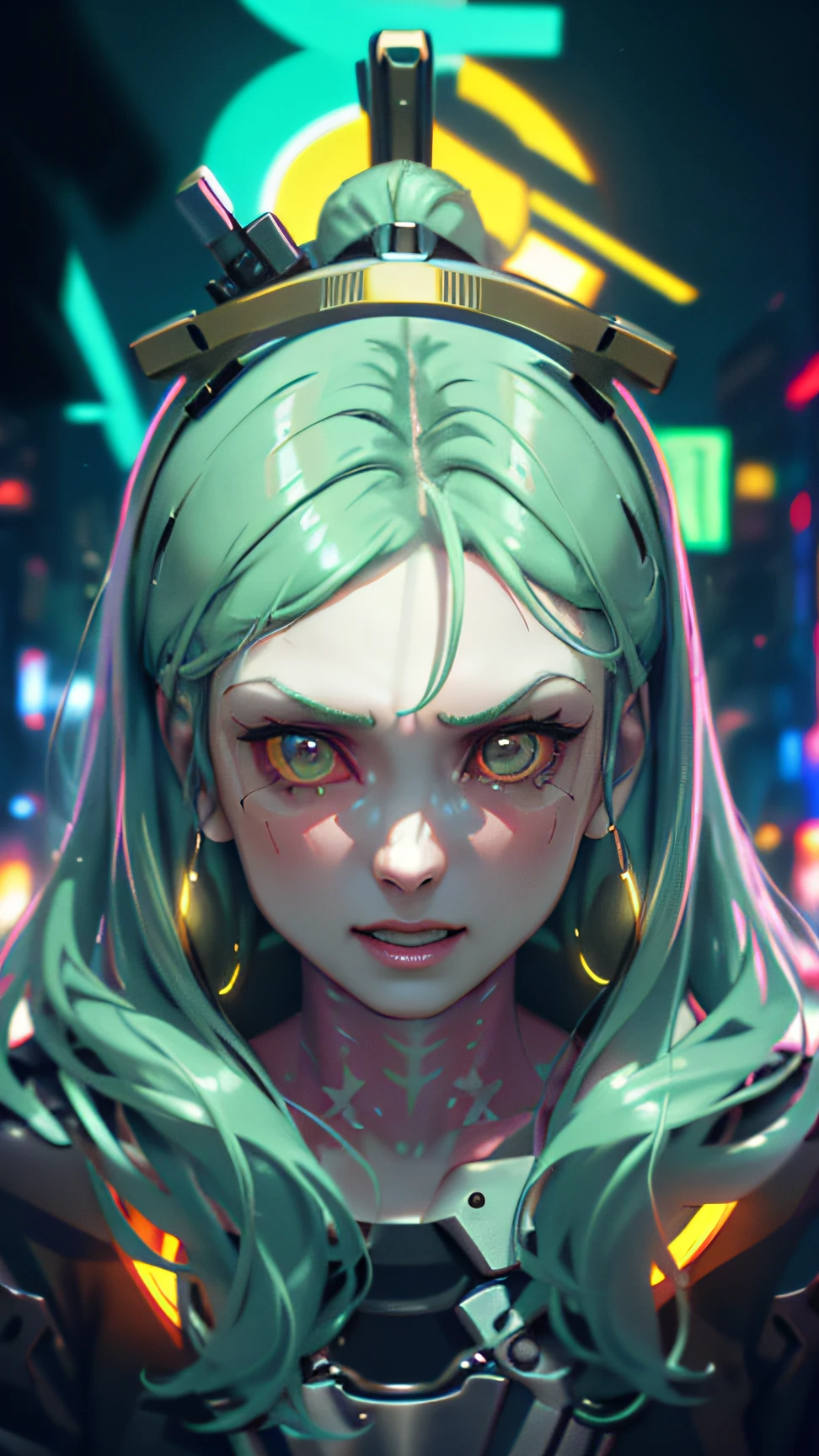 (cinematic, 8k, best quality, masterpiece: 1.2), (realistic, photo-realistic: 1.37), ultra-detailed, soft light, best quality, ultra highres, raw photo in HDR, sharp focus, intricate texture, skin imperfections, 1 girl, cute, solo, raw photo, Rebecca a robotic girl with green hair, laughing, pink tattoo on her neck and belly, wearing a black jacket with yellow details,  holding a pistol in hand, 19yo, camel fingers, slim body, warm body, shiny skin, realistic textures, reflected lighting, volumetric lighting. Background a cyberpunk city at night, neon lighting.