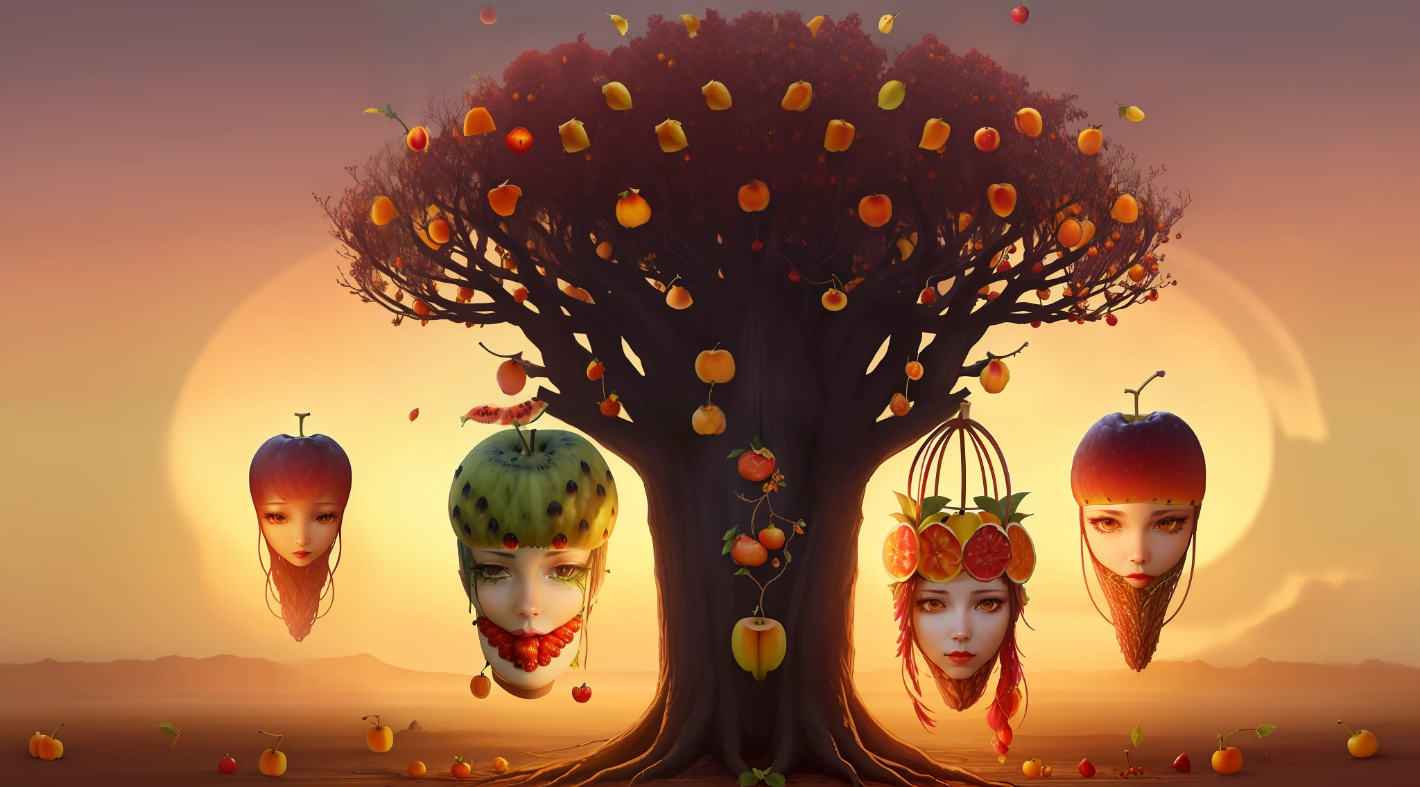 あらゆる種類の人間の果実と果実の頭でいっぱいの不気味な木1本 , ダークファンタジー, (((((果物を頭に置き換える))))) 地獄の木