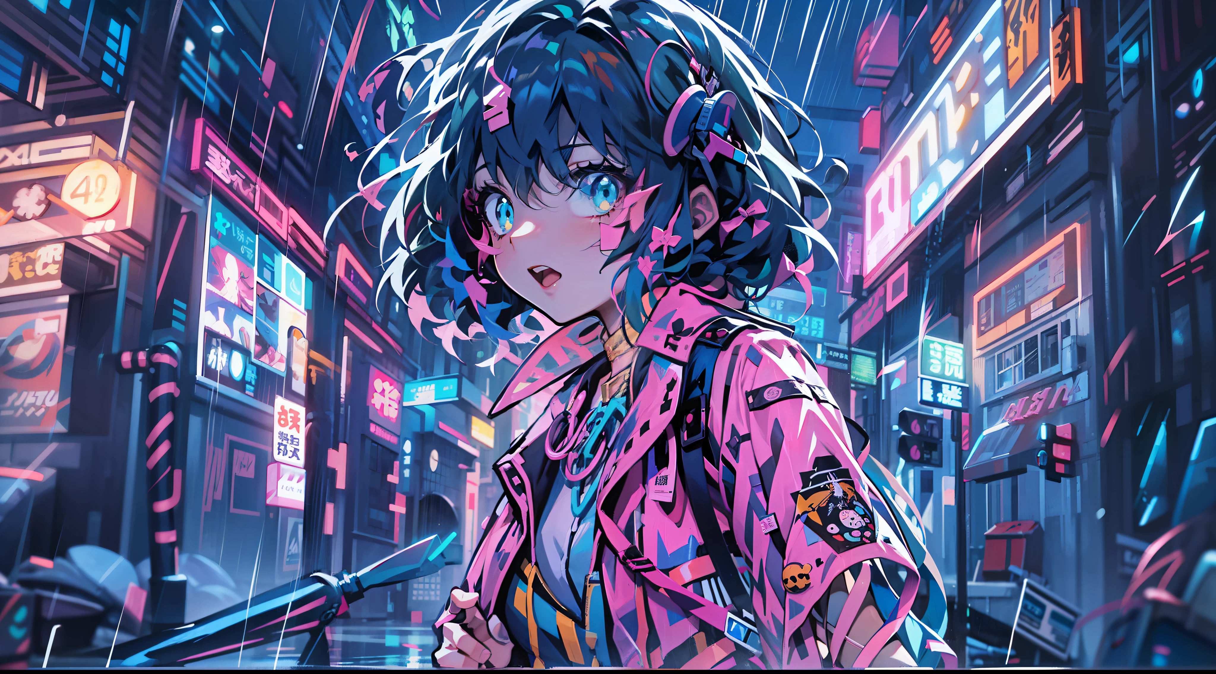 Anime girl walking down street in rain at night,, in the art style of 8 0 s anime, the anime girl is running, ' ramona flowers ', cosmic girl, style of anime4 K, 8 0 s anime art style, Praise Artstyle, official fanart, Anime style illustration