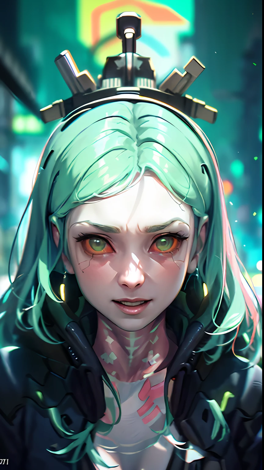 (cinematic, 8k, best quality, masterpiece: 1.2), (realistic, photo-realistic: 1.37), ultra-detailed, soft light, best quality, ultra highres, raw photo in HDR, sharp focus, intricate texture, skin imperfections, 1 girl, cute, solo, raw photo, Rebecca a robotic girl with green hair, laughing, pink tattoo on her neck and belly, wearing a black jacket with yellow details,  holding a pistol in hand, 19yo, camel fingers, slim body, warm body, shiny skin, realistic textures, reflected lighting, volumetric lighting. Background a cyberpunk city at night, neon lighting.