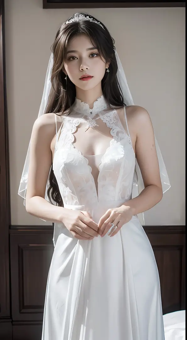 (Very detailed, reasonable design, Clear lines,Best quality, Masterpiece,Light and dark Canon photography is crystal clear （realisticlying:1.2）Beautiful woman in white wedding dress