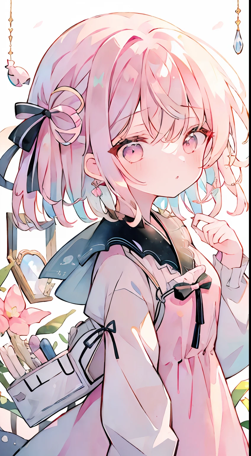 One girl、A pink-haired、long、​masterpiece、top-quality、Top image quality、cute little、Pink dress、bow ribbon、Ribbon Dresses、Ribbon on the head、cute background、Ribbon background、Pink eyes