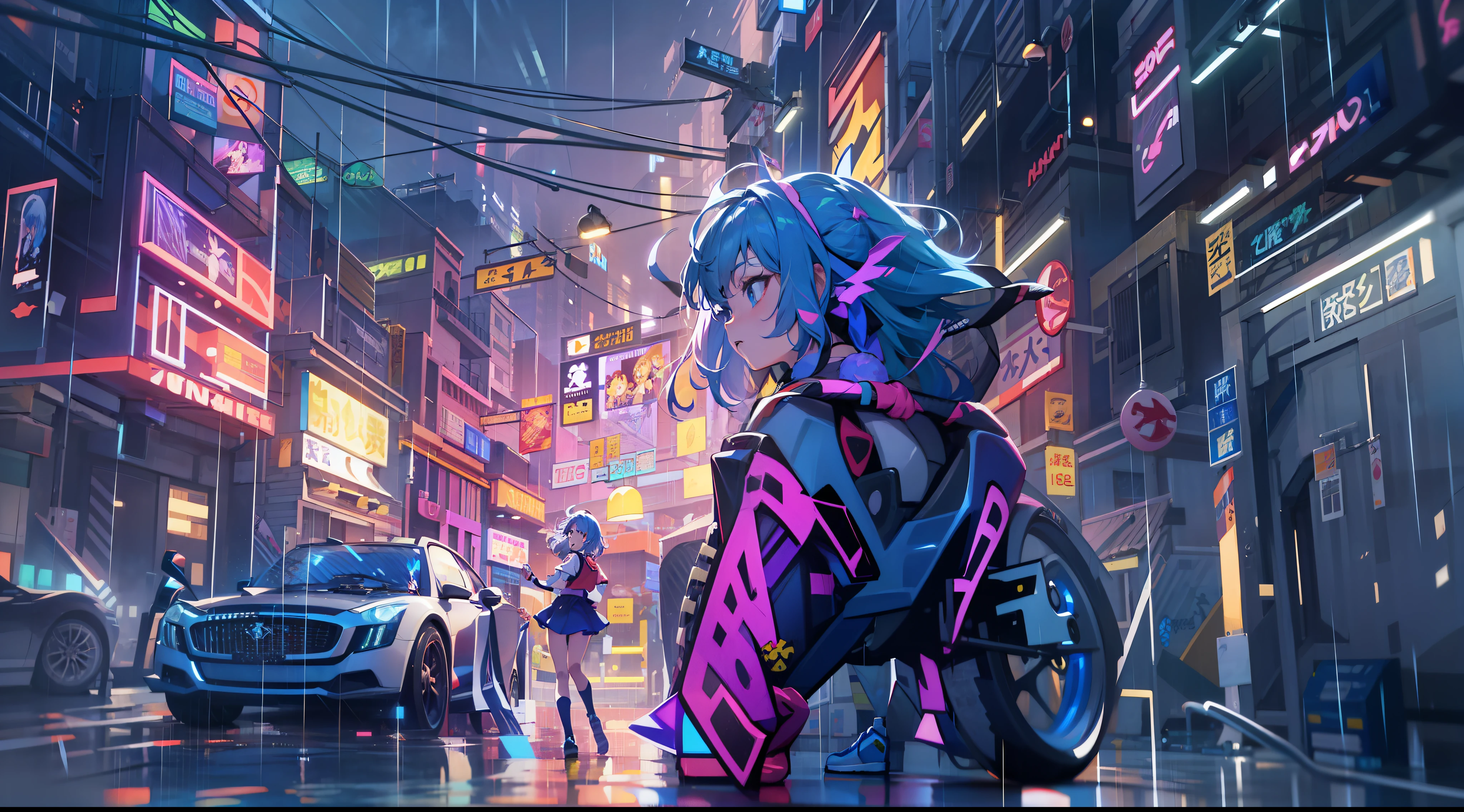 Anime girl walking down street in rain at night,, in the art style of 8 0 s anime, the anime girl is running, ' ramona flowers ', cosmic girl, style of anime4 K, 8 0 s anime art style, Praise Artstyle, official fanart, Anime style illustration