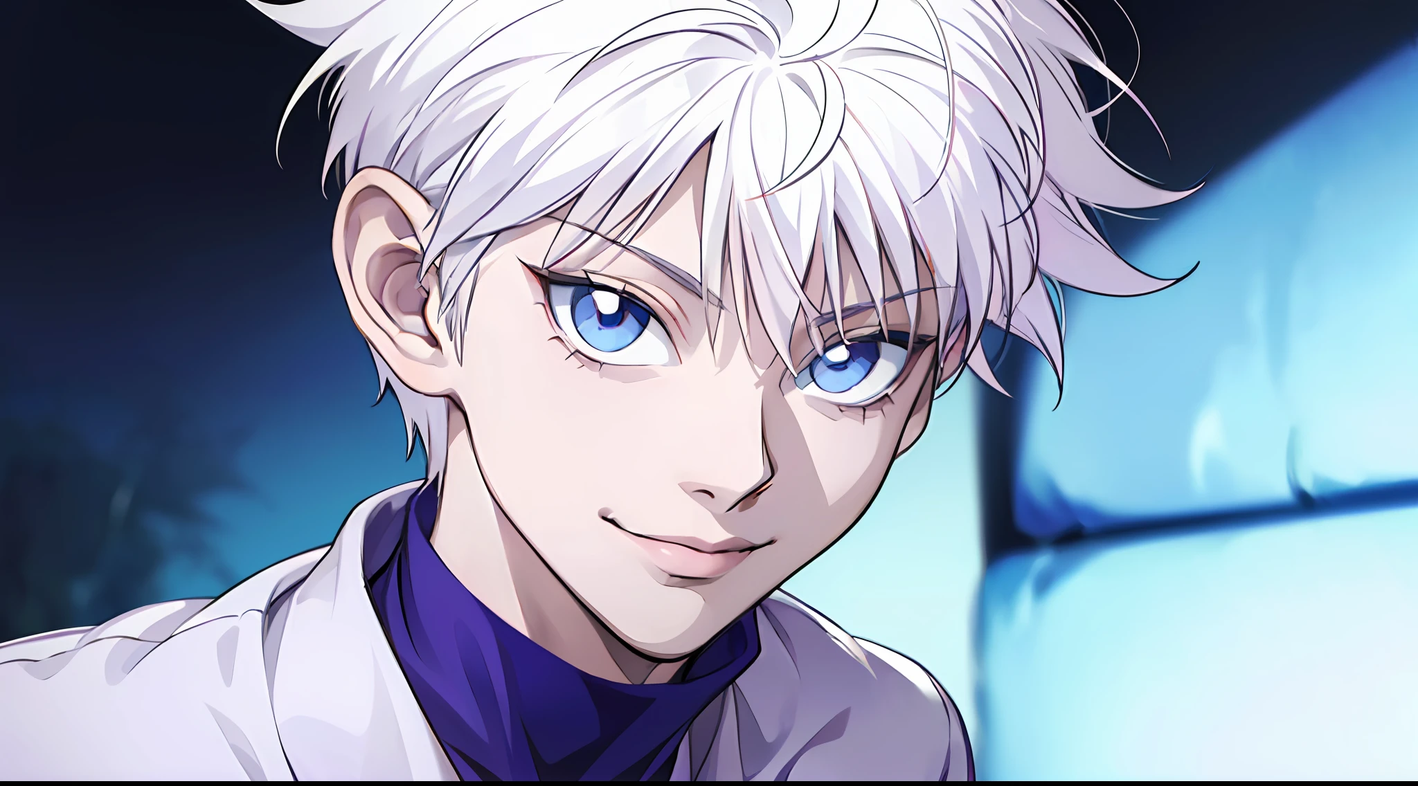 "(charachter: Killua, incredibly detailed portrait, dazzling smile, vibrant blue eyes, flawless white hair, elegant white shirt)"