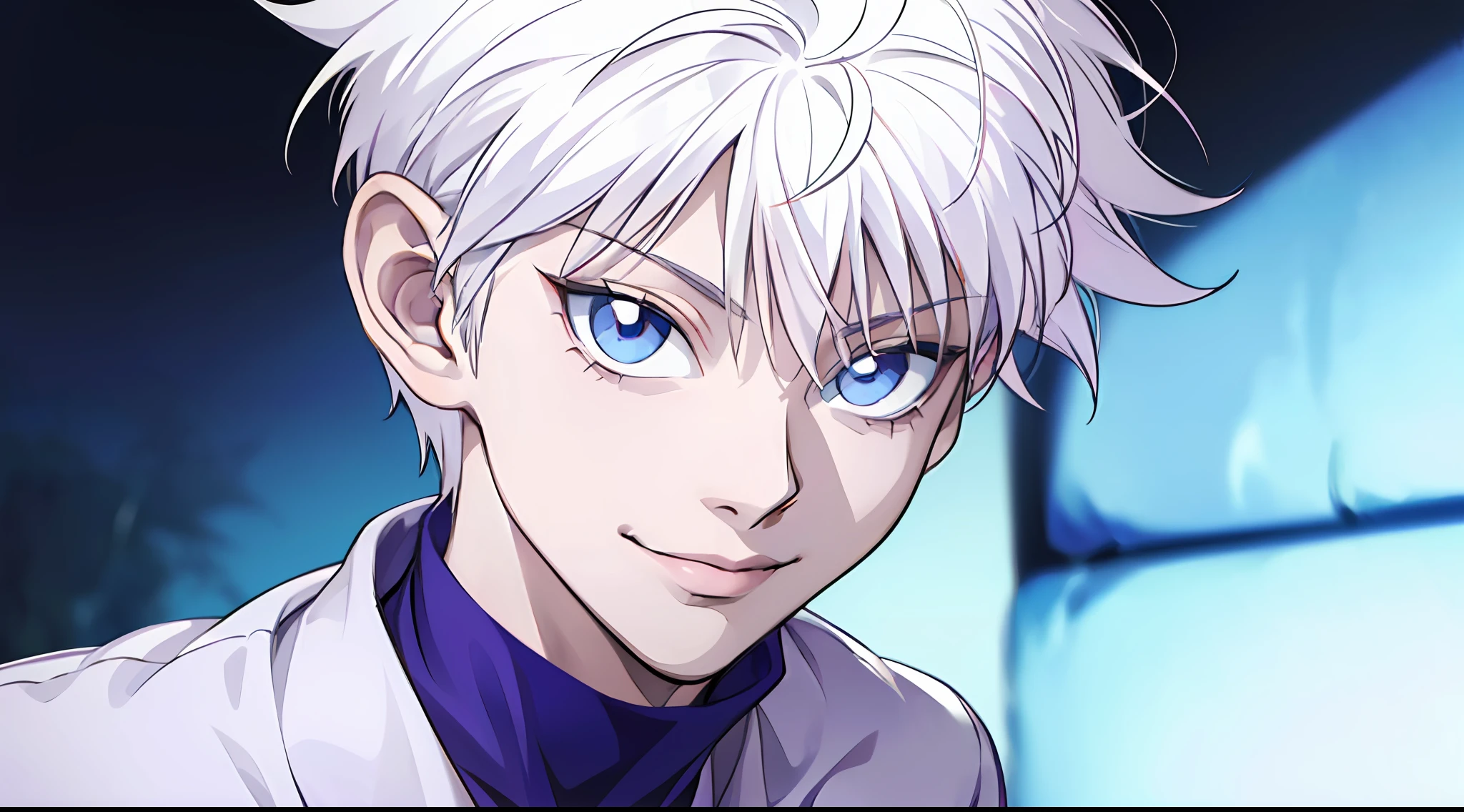 "(Personagem: Killua, retrato incrivelmente detalhado, sorriso deslumbrante, olhos azuis vibrantes, flawless white hair, camisa branca elegante)"