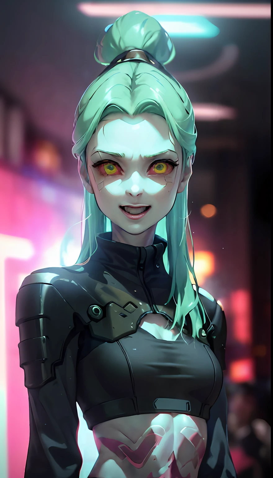 (cinematic, 8k, best quality, masterpiece: 1.2), (realistic, photo-realistic: 1.37), ultra-detailed, soft light, best quality, ultra highres, raw photo in HDR, sharp focus, intricate texture, skin imperfections, 1 girl, cute, solo, raw photo, Rebecca a robotic girl with green hair, laughing, pink tattoo on her neck and belly, wearing a black jacket with yellow details,  holding a pistol in hand, 19yo, camel fingers, slim body, warm body, shiny skin, realistic textures, reflected lighting, volumetric lighting. Background a cyberpunk city at night, neon lighting.