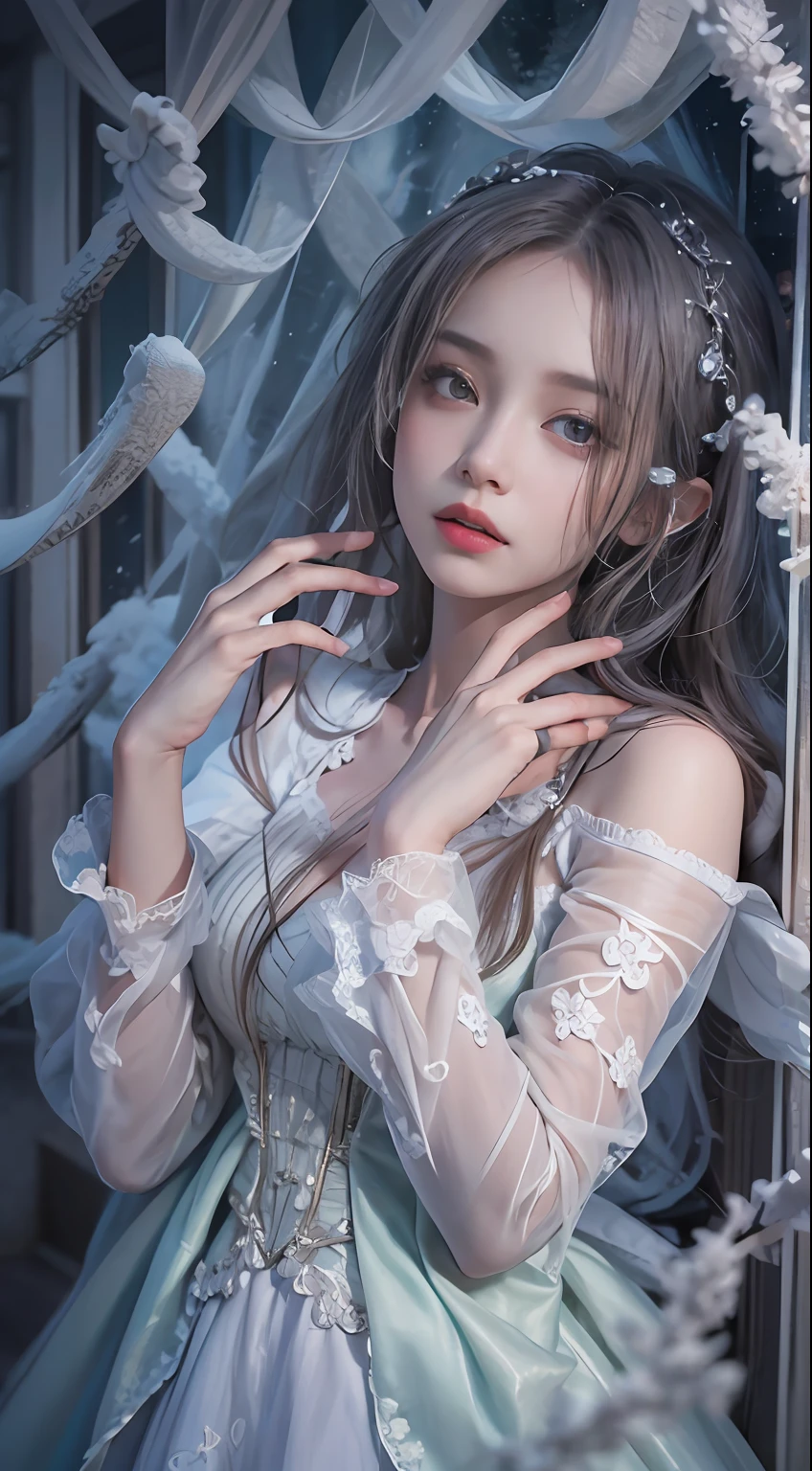 （8K，RAW photos， best qualtiy， tmasterpiece：1.2），（realisticlying， photograph realistic：1.4)，Hide your face with sadness，
Lolita costume，Lace， Aerith Gainsborough， The upper part of the body，upper legs，Lace， undergarments，exposed bare shoulders， do lado de fora， (outside，Covered with snow，cloaks，) high high quality， Adobe Lightroom， highdetailskin， looking at viewert，