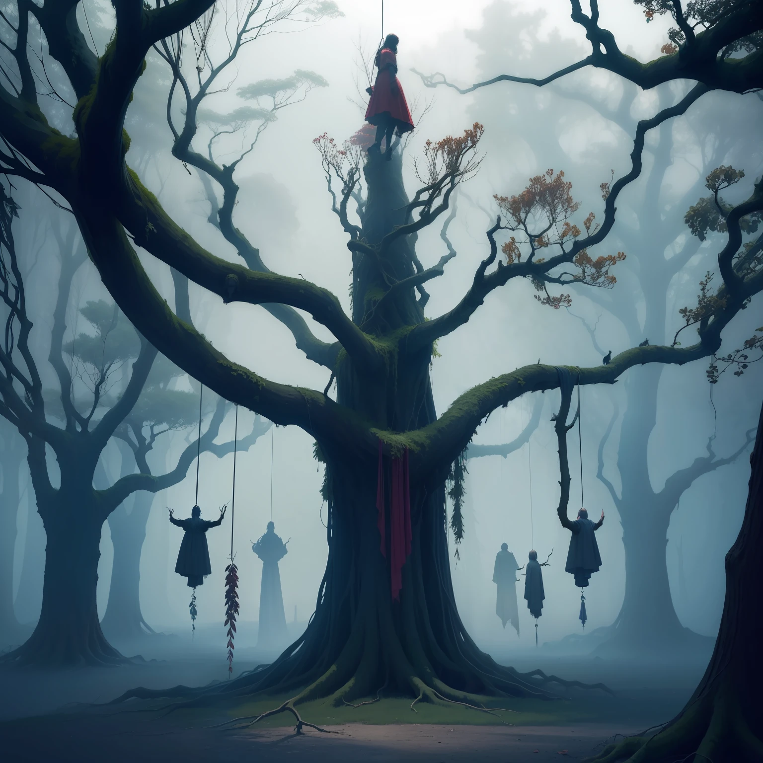 1棵树很多树枝 ((((头颅悬挂在树枝上)))), 地狱树, 黑暗幻想,