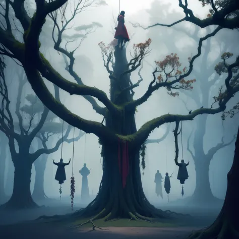 1 tree many branches ((((heads hanging from branches)))), Hell Tree, fantasia sombria,