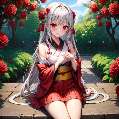 silber hair、red eyes、One girl、kawaii、animesque、Kimono、off shoulders、a miniskirt、red blush、Bright red rose garden、sitting on