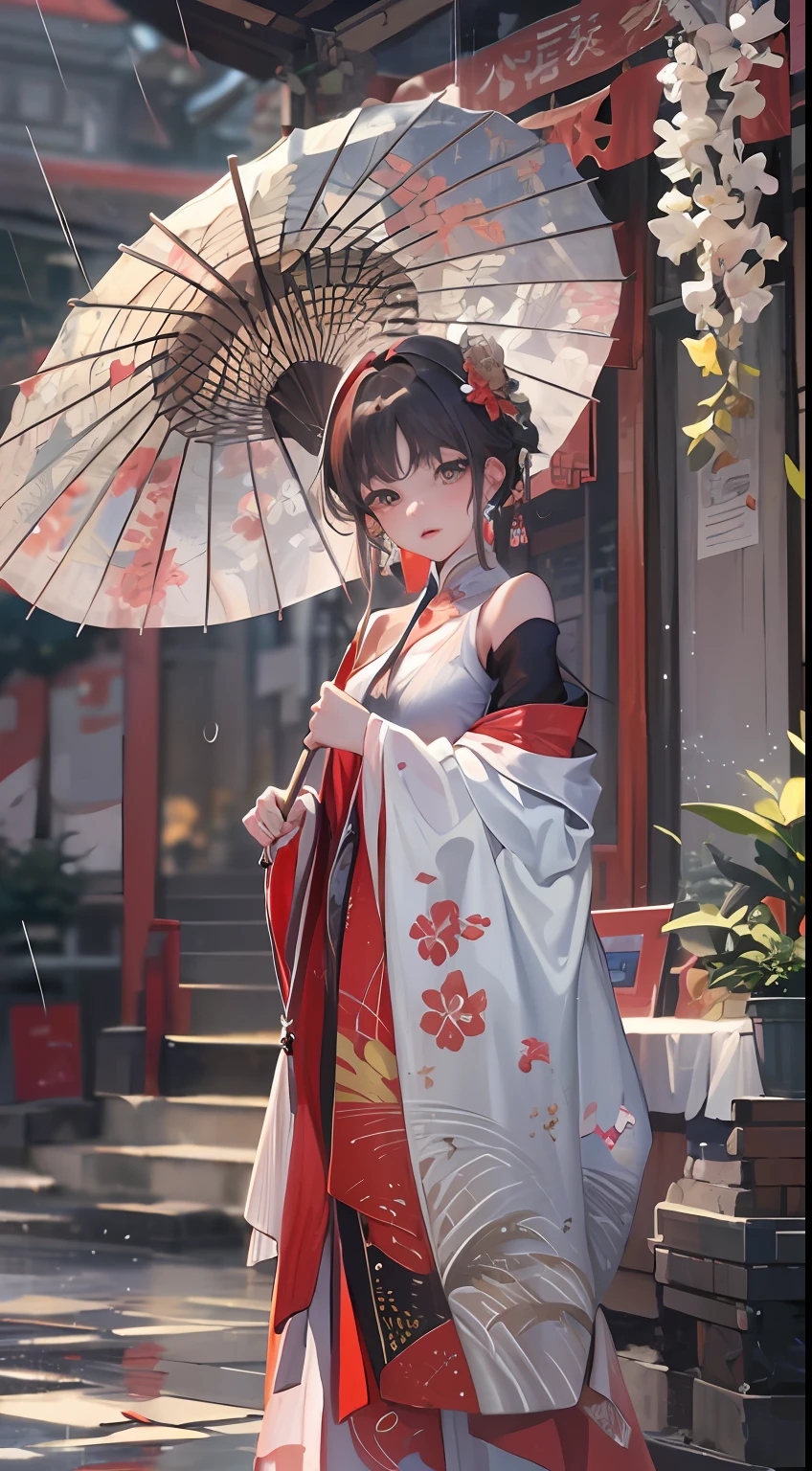 Masterpiece,Extremely detailed Cg Unity 8K wallpaper,1girll,fully body photo， Beautiful,largeeyes， Clear facial features，Realistic, Blurry, Blurry_Background, Blurry_foreground, Chinese pavilions, Earrings,jewelry, nase, Realistic, Solo,Gorgeous Han dress with off-the-shoulder shoulders,Holding an Ollie paper umbrella, rain