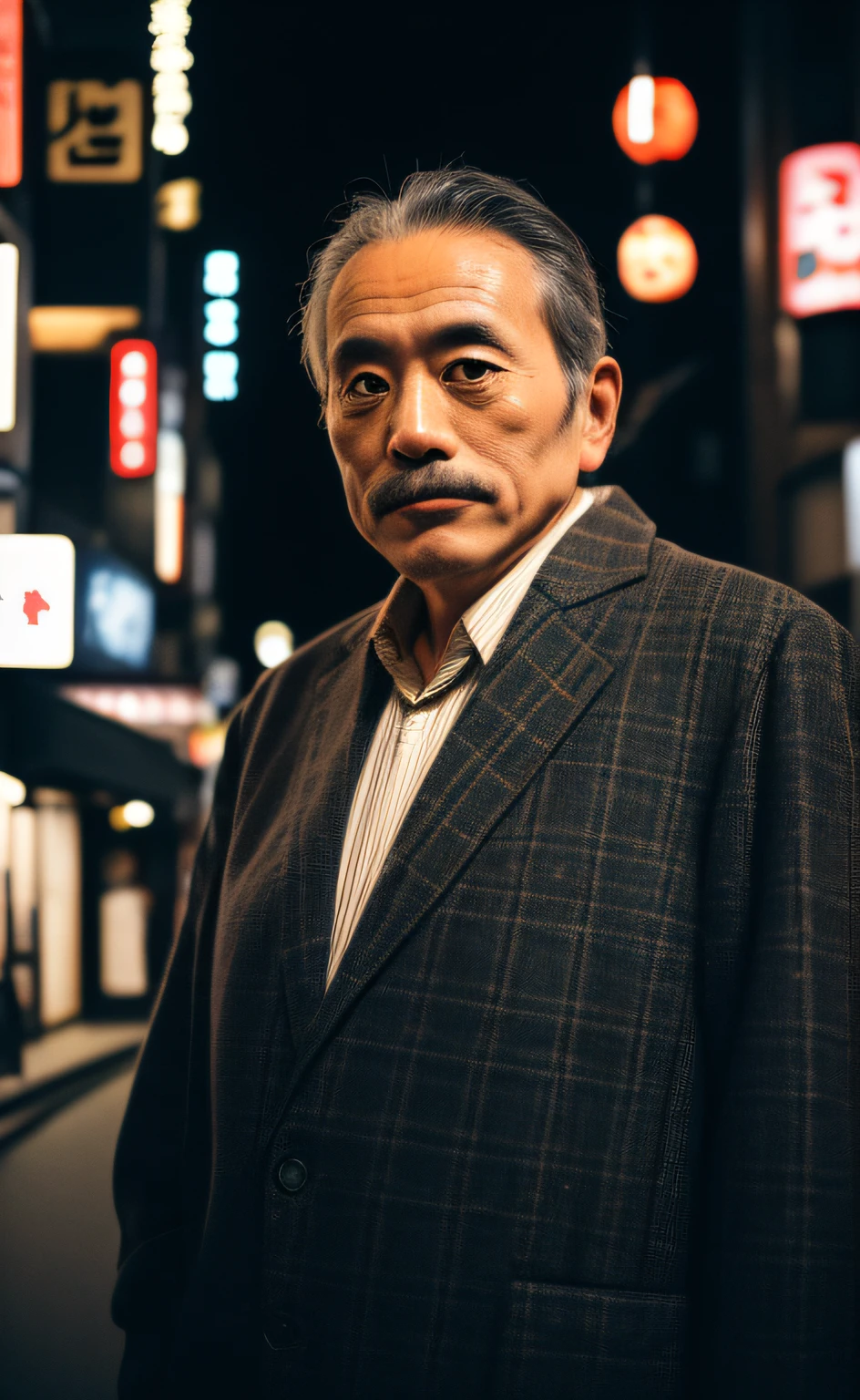 RAW Photography, Portrait of 50 Year Old Japan Man Dressed, Tokyo at Night (High Definition Skin: 1.2), 8K UHD, DSLR, Soft Lighting, High Quality, Film Grain, Fujifilm XT3