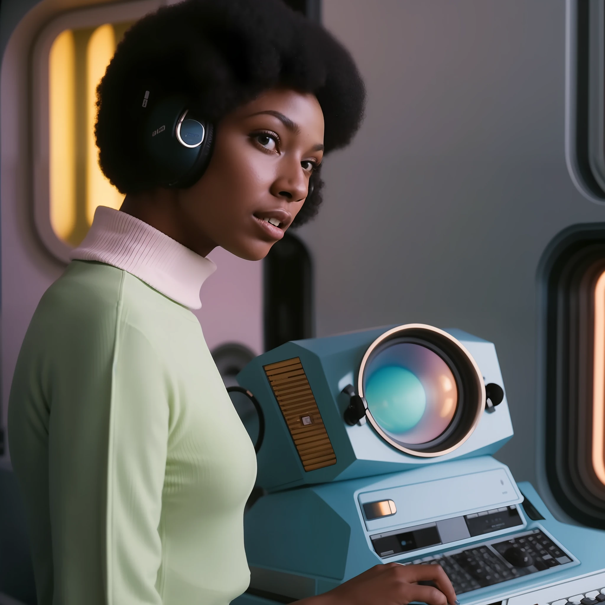 Woman in green sweater and headphones stands in front of a computer, 7 0's vintage sci - estilo fi, afro - estilo futurista, Afrofuturista, futurismo afro, Retro Sci - Imagem de FI, afrofuturista, afrofuturismo, afro futurista, 1 9 6 0 s  espacial, estilo afrofuturismoo, No filme 2001 Uma Spaceodyssey