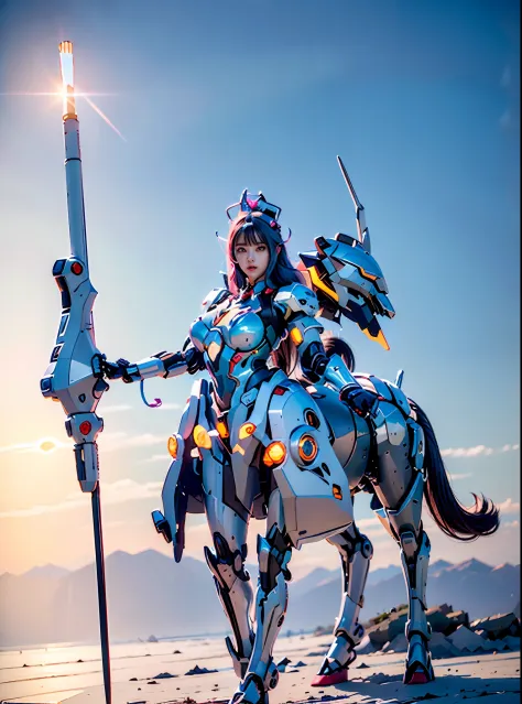 In the center of the ultra-wide-angle lens, the beautifully and ethereal mechanical centaur queen deploys her wings on the ionos...