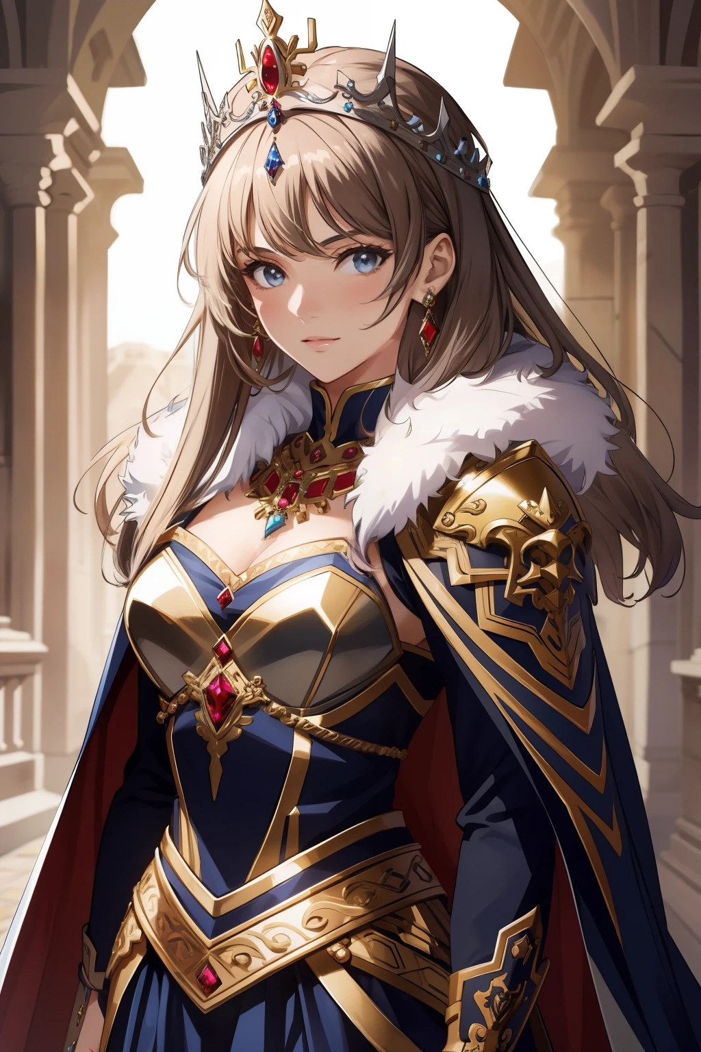 （tmasterpiece，top-quality，best qualityer，offcial art，Beauty and aesthetics：1.2），（1girl），（warrior queen armor，Fur cape，Bejeweled Crown：1.2），stately