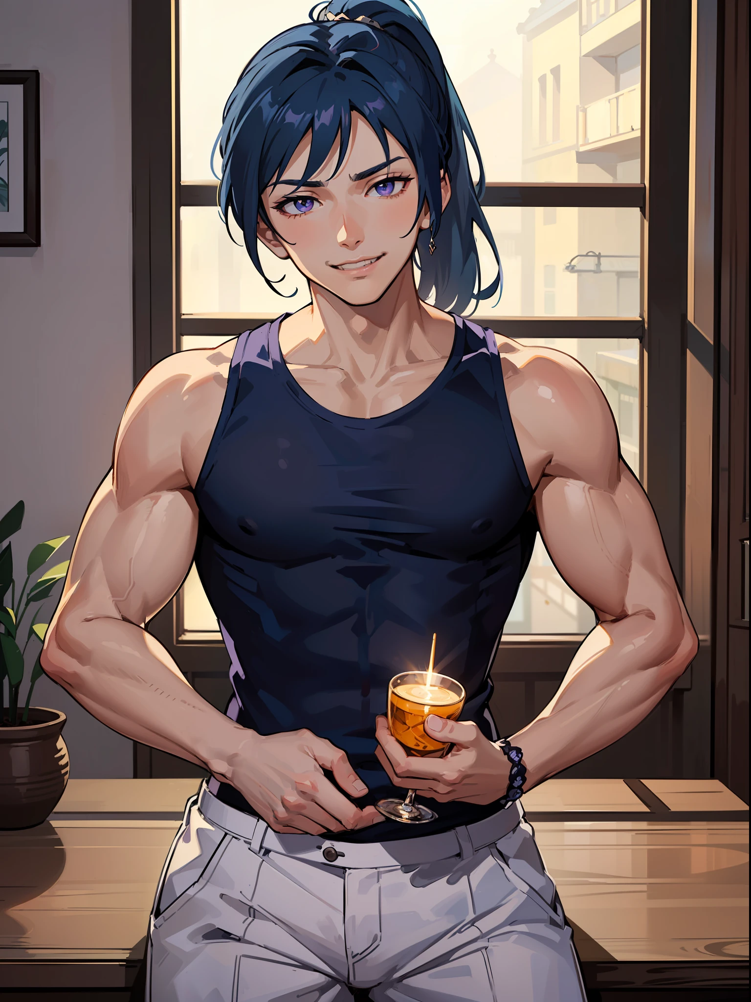 Anime guy with blue hair holding a drink in front of a window - SeaArt AI