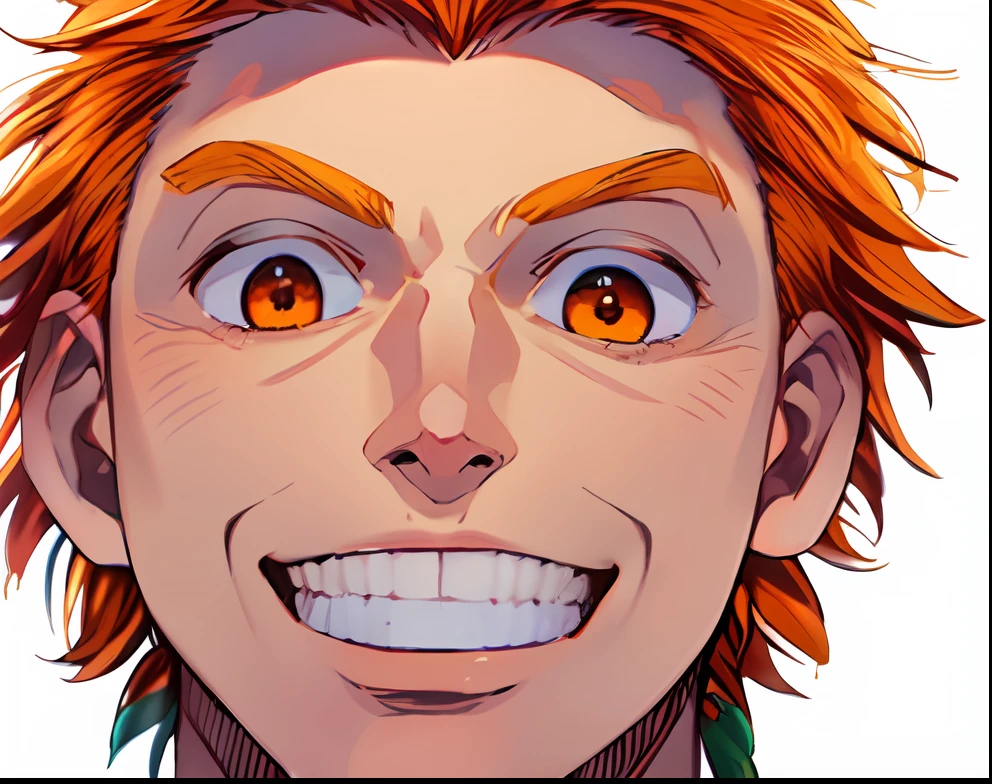 a anime of a man close up, teeth, happy, orange eyes, oranger hair color, color manga, manga color, color manga, color manga panel, simple background, a white background