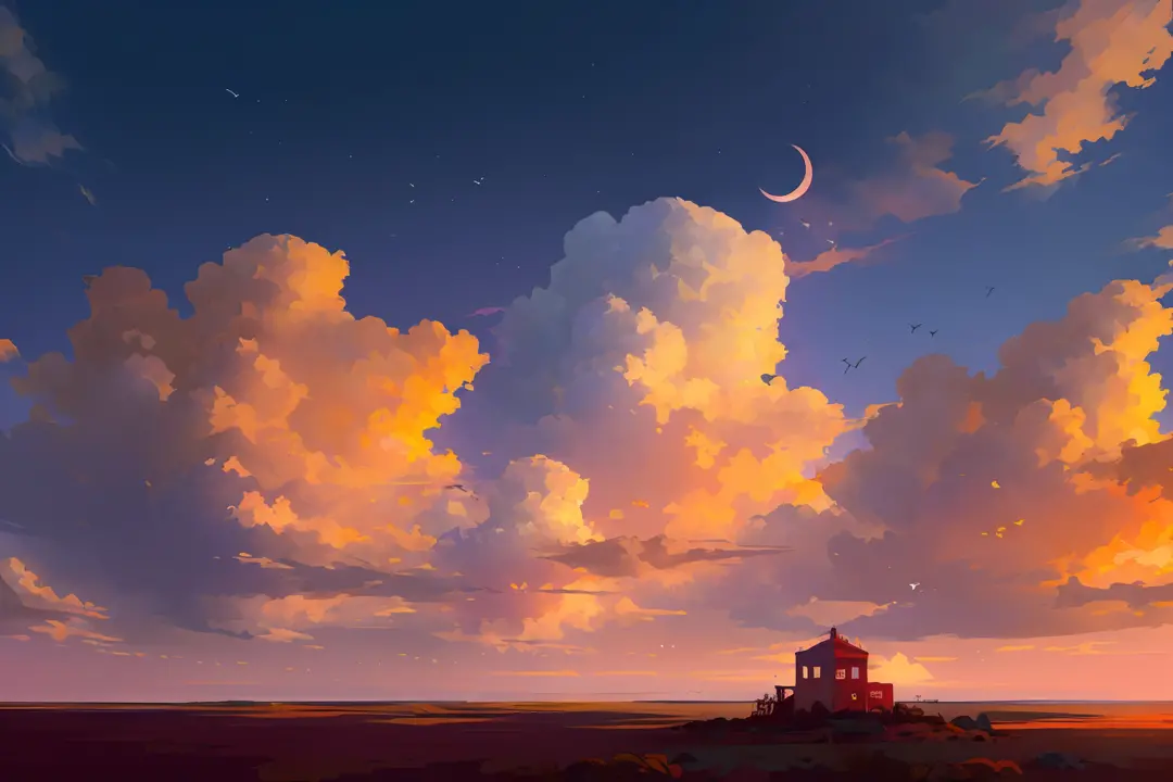 (Best Quality, masutepiece),  skyporn, cloud,  No humans, Bird, Wide Shot, Perspective, Moon, Official art, Wallpaper,8K,hight r...