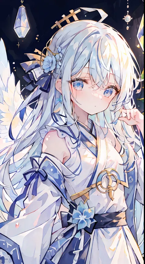 One girl、angelicales、Angel costume、Circle of Angels、Deities々Right、cute little、white  hair、Long、Angel wings、Skysky、heaven、Heavenly background、florals、​masterpiece、top-quality、Top image quality、light blue  eyes