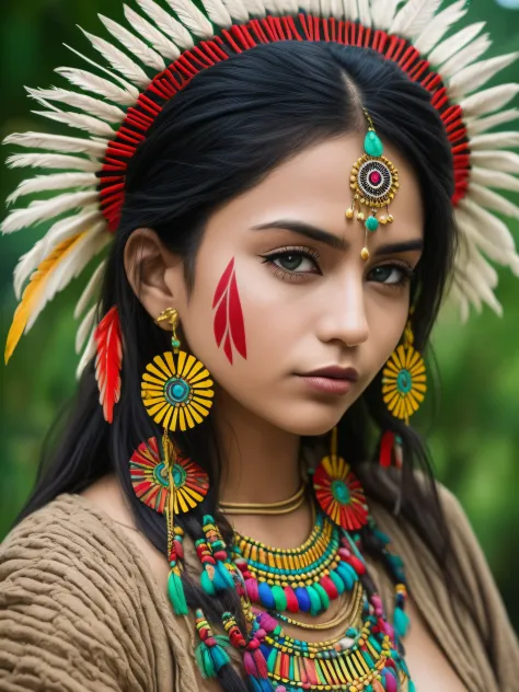 ((mulher jovem, indigena, linda e atraente)), com 19 anos de idade, (master part:1.2), rosto altamente detalhado, Looking sidewa...