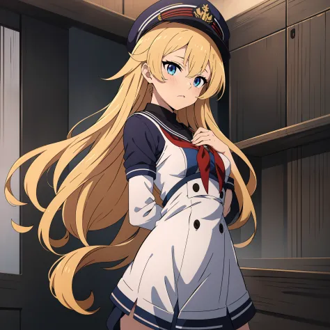 anime girl in sailor outfit with scissors and a hat, blonde anime girl with long hair, azur lane style, seductive anime girl, fe...