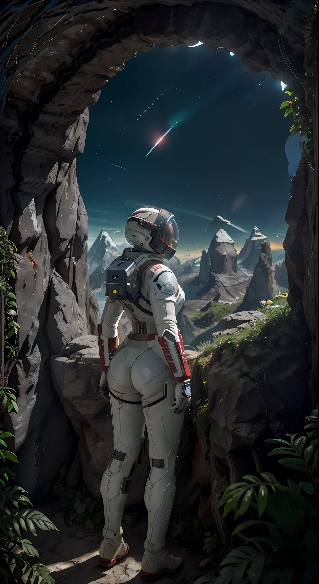 Highly detailed RAW color Photo, Rear Angle, Full Body, of (female space marine, wearing white and red space suit, futuristic helmet, tined face shield, rebreather, accentuated booty), outdoors, (leaning over rocky Edge, looking out at advanced alien structure), (on complex exotic alien planet:0.6), toned body, big butt, (sci-fi), (mountains:1.1), (lush green vegetation), (two moons in sky:0.8), (highly detailed, hyperdetailed, intricate), (lens flare:0.7), (bloom:0.7), particle effects, raytracing, cinematic lighting, shallow depth of field, photographed on a Sony a9 II, 24mm wide angle lens, sharp focus, cinematic film still from Gravity 2013, viewed from behind