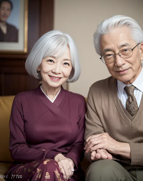 They sat together on the couch，smiling at camera, 60mm portrait, Asian face 70 years old, 7 0 years old, 7 0 mm portrait, two ol...