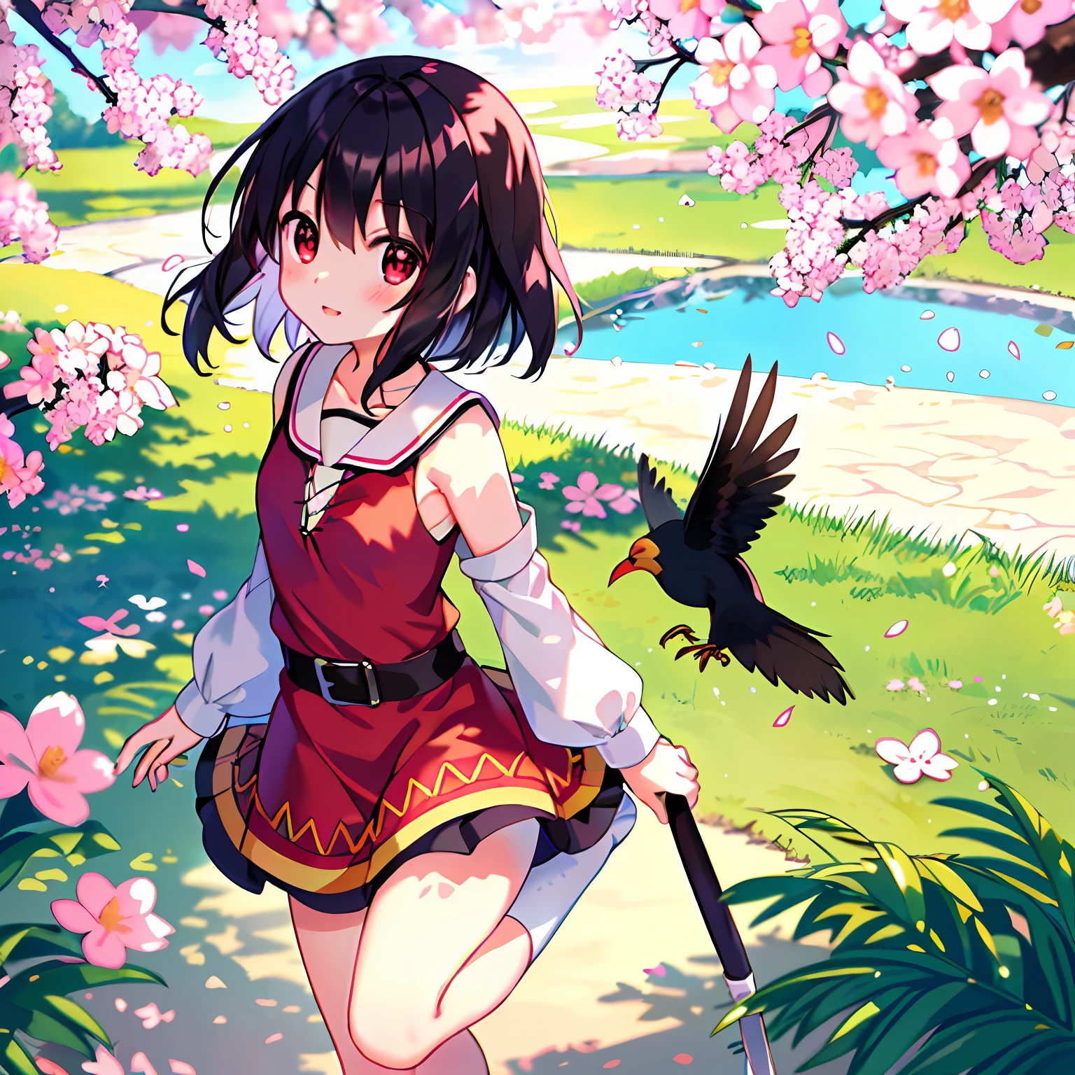 (Higher image quality), (Masterwork),(Detailed description of eyes),(Detailed description of face), 1menina_megumin_konosuba,red eyes,black hair,(short hair),short hair (floating in the wind), hair ornament, white dress, small breasts, bare legs, white socks, leather shoes, arms and hands behind the back, blush, fluttering grass, (spring, sakura flowers),  petals, (lens reflection), altocumulus, dazzling light, cool breeze, (shadow) of [a sakura tree], meadow, (grass is growing and birds are flying), (lake, surface reflection), presenting armpit, nipples