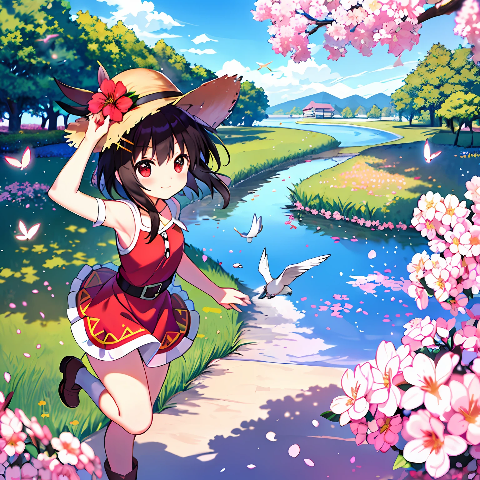 (Higher image quality), (Masterwork),(Detailed description of eyes),(Detailed description of face), 1menina_megumin_konosuba,red eyes,black hair,(short hair),short hair (floating in the wind), hair ornament, white dress, small breasts, bare legs, white socks, leather shoes, arms and hands behind the back, blush, fluttering grass, (spring, sakura flowers),  petals, (lens reflection), altocumulus, dazzling light, cool breeze, (shadow) of [a sakura tree], meadow, (grass is growing and birds are flying), (lake, surface reflection), presenting armpit, nipples