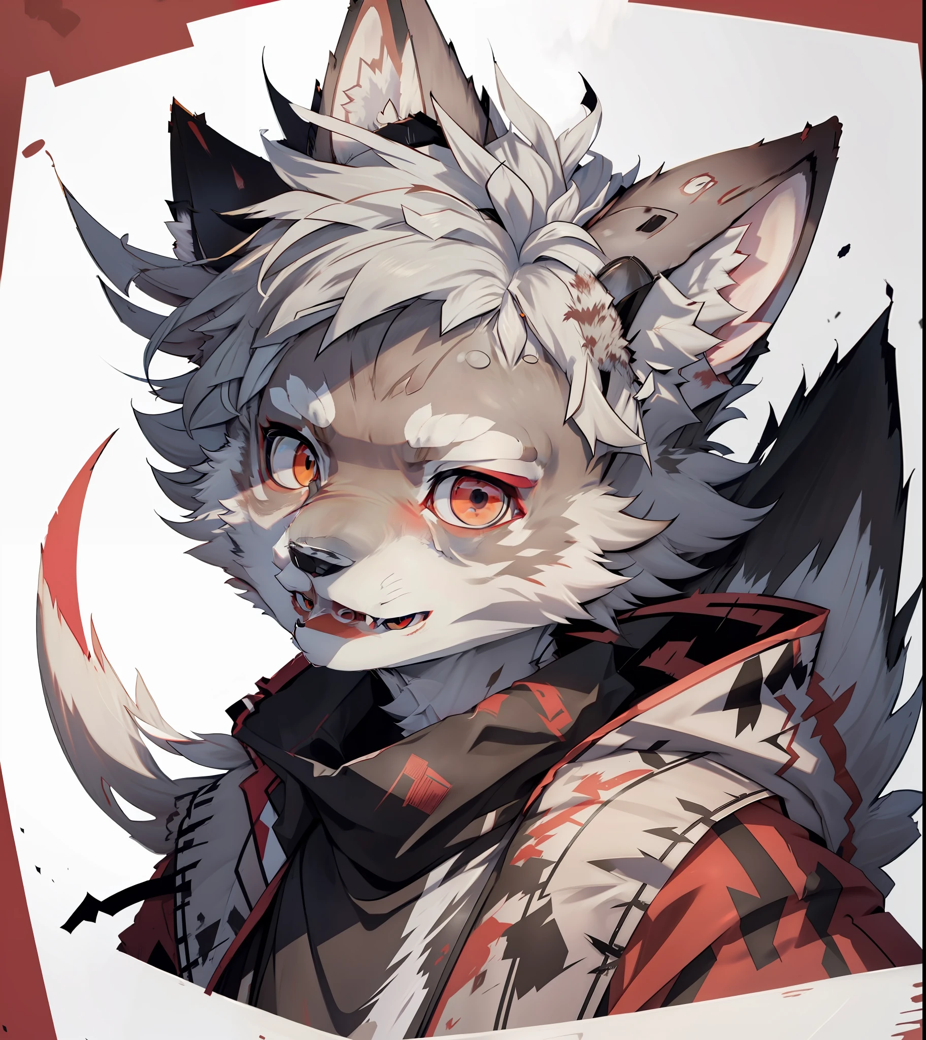 Wolf face，red color eyes，Clock patterns can be mapped in the eye，Counter background，The picture is neat，White hair all over，There is a little red dye on the hair，shoun，male people，gentleness，Wolf ears，White ears，laughingly，Sharp teeth，Sharp teeth，adolable，Dark blue top，Facial features of wolves，Wolf paws，Furry，Covered in furry，shaggy，Furry，short detailed hair，Cute teenager，coyote，orthofacial