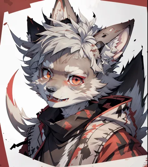 Wolf face，red color eyes，Clock patterns can be mapped in the eye，Counter background，The picture is neat，White hair all over，Ther...