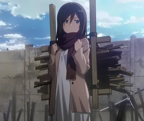 Anime girl holding sword and wooden box in front of the wall, mikasa ackerman, screenshot from a 2012s anime, (Attack on Titan a...