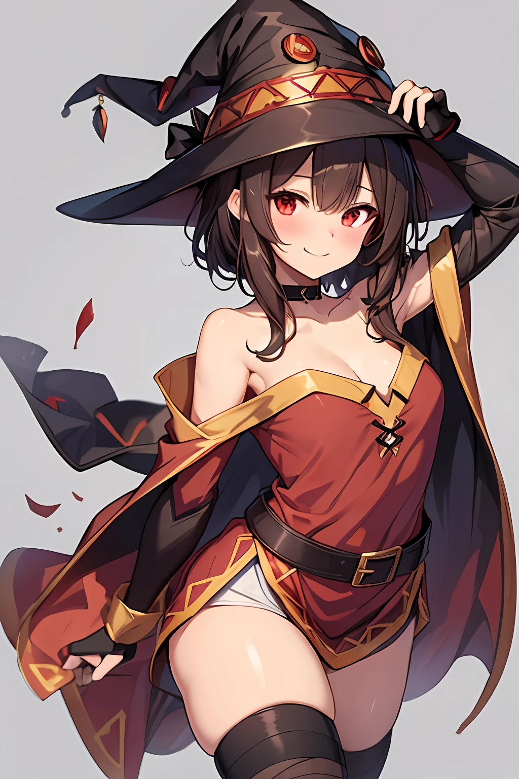 Megumin, Crazy Wizard, 1 Girl, Solo, Witch Hat, Brown Hair, Long Short Hair, Red Eyes, Blush, Evil Smile, Black Choker, Clavicle, Flat Chest, Off-Shoulder Dress, Red Dress, Brown Cloak, Long Sleeves, Black Gloves, Fingerless Gloves, Brown Belt, Gold Trim, (Asymmetrical legs: 1.4), unmatched legwear, (bandaged legs: 1.3), black thighs, (arms behind the back: 1.3), simple background, high quality, high resolution. ((outdoors)), presenting armpit, nipples