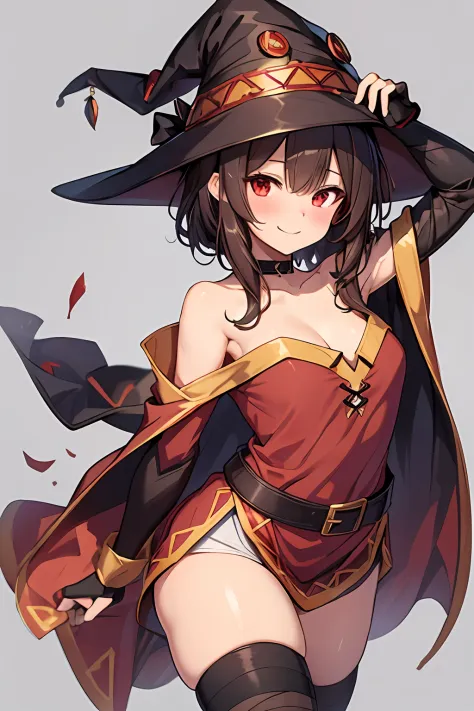 megumin, crazy wizard, 1 girl, solo, witch hat, brown hair, long short hair, red eyes, blush, evil smile, black choker, clavicle...